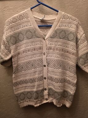 Laura Petites Vintage Knit Cardigan Beige Fair Isle Short Sleeve